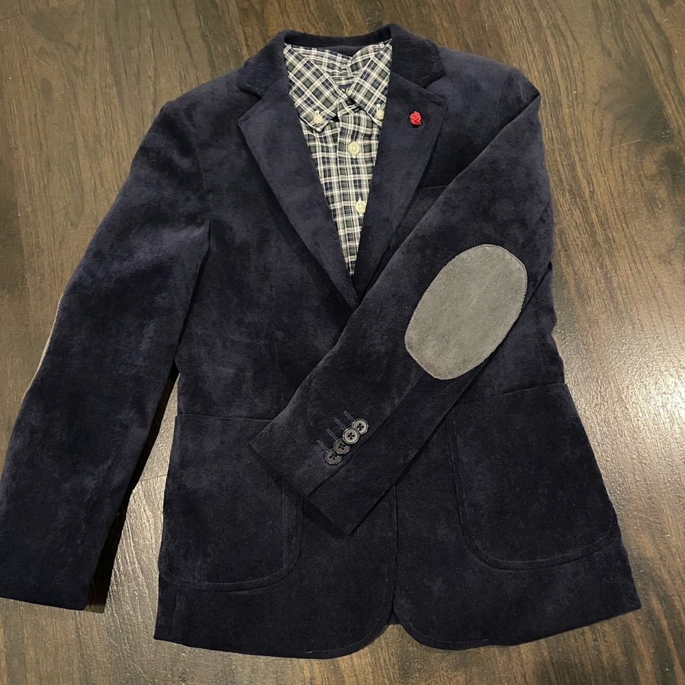Isaac Mizrahi navy corduroy blazer & Ralph Lauren Polo plaid long sleeve shirt